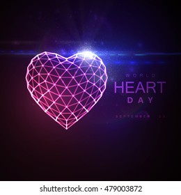 World Heart Day Background. 3D illuminated neon heart of glowing particles, wireframe, lens flare light effect, World Heart Day 29 September label. Vector illustration. Medical awareness day concept