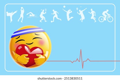 Diseño de fondo del Día Mundial del Corazón. Emoticono 3D abrazando el corazón con diadema deportiva, siluetas de varios deportes y símbolo de latido del corazón. Ama tu corazón haciendo ejercicio regularmente.