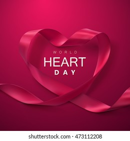 World Heart Day Background. Realistic satin ribbon heart with World Heart Day label. Vector illustration. Medical awareness day concept