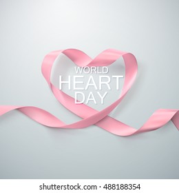 World Heart Day Background. Realistic satin ribbon heart with World Heart Day label. Vector illustration. Medical awareness day concept