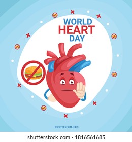 World Heart Day banner design template with the heart is stopping fast food.
