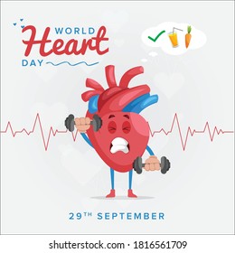 World Heart Day banner design template of a heart is holding dumbbells.