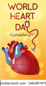 World heart day banner with  Human Heart sign and stethoscope sign on yellow background vector design. 