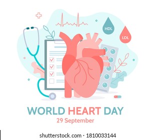 World heart day banner. Medicine health concept. Flat vector illustration.