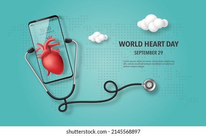 World Heart Day banner, heart on smartphone screen, doctor consultation online and health insurance concept.