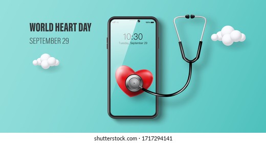 World Heart Day banner, red heart on smartphone screen, doctor consultation online and health insurance concept.