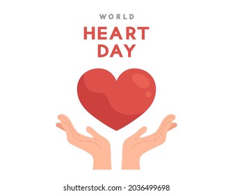 World Heart Day. Both hands support red heart with text "WORLD HEART DAY". Concept of  international day, cardiac. Illustration for poster, greeting card, banner, website. Flat vector