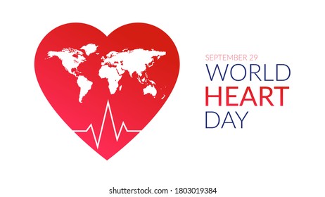 World heart day concept. Abstract red silhouette of a heart with the illustration of the world map inside on white color and a cardiogram. On a white background.