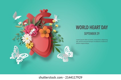 World Heart Day concept, beautiful flowers, leaves, and butterflies decorate the human heart, paper illustration, and 3d paper.