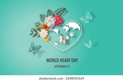 World Heart Day concept, beautiful flowers, leaves, and butterflies decorate the world heart, paper illustration, and 3d paper.