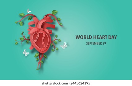 World Heart Day concept, beautiful leaves, and butterflies decorate the human heart, paper illustration, and 3d paper.