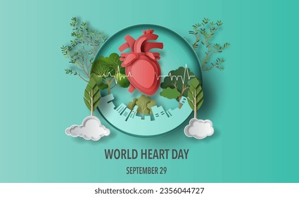 Concepto del Día Mundial del Corazón, corazón con ciudad, arte de papel y estilo artesanal, ilustración vectorial de estilo plano.