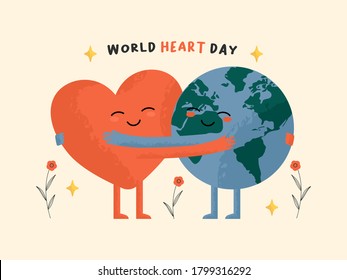 World heart day concept. Earth and heart hugging together. World earth, health, humanitarian, environment day. Hugging day international holiday greeting card with hugs vector flat illustration