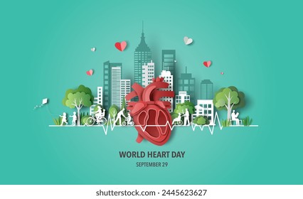 World Heart Day concept: every activity encourages a healthy heart, paper illustration, and 3d paper.