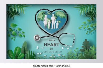 World Heart Day concept, a family holding hands with a heart world and a stethoscope on a green leaves background, paper illustration, and 3d paper. - Shutterstock ID 2044343555