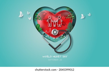 World Heart Day concept, a family holding hands with a read heart world and a stethoscope, paper illustration, and 3d paper.