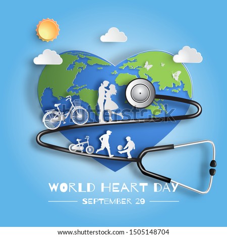 World Heart Day concept, family enjoy fresh air, kids playing football, flat-style vector illustration.