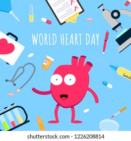 World heart day concept flat style design poster. Cartoon character Hearty the Heart on it arounded with hospital equipment and medicines. Medical awareness heart disease day banner.