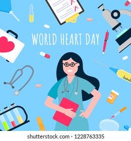 World heart day concept flat style design poster. Female doctor hospital emloyee on it arounded with hospital equipment and medicines. Medical awareness heart disease day banner.