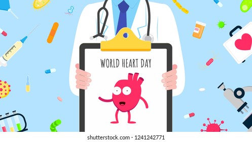 World heart day concept flat style design poster. Male man doctor hospital emloyee on it  holds clipboard arounded with hospital equipment and medicines. Medical awareness heart disease day banner.