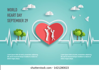 World Heart Day concept, happy family with heartbeat line, father holding baby daughter up in the air, paper art and craft style, flat-style vector illustration.
