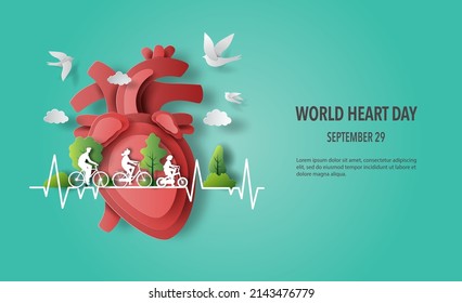 World Heart Day concept; happy family riding bike and heart in the background  paper illustration    3d paper 
