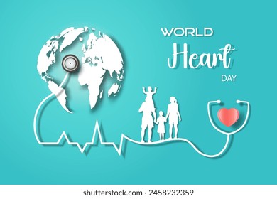 World Heart Day concept of Health world day, Vector illustration sign symbol poster concept design on turquoise with world map. World Heart Day global celebrated illustration and 3d paper art.