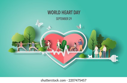 World Heart Day concept, heartbeat line with plug, many people doing activities outdoor, paper illustration, and 3d paper.