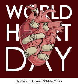 World Heart Day. concept illustration of broken heart leaking and patched with wound plaster