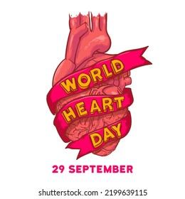 World Heart Day Concept. Isolated Hand Drawn Heart With Text And Ribbon. Vector Illustration