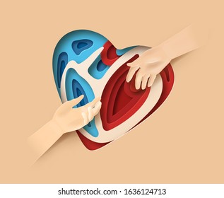 World Heart Day concept. Layered paper cut relief with World Heart Day label. Man holds out a helping hand. Two hands reaching for each other. Flat-style vector illustration.