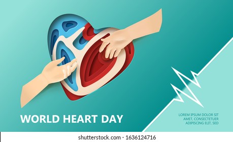 World Heart Day concept. Layered paper cut relief with World Heart Day label. Man holds out a helping hand. Two hands reaching for each other. Flat-style vector illustration with heartbeat line.