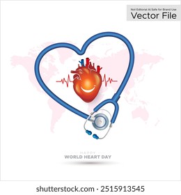 World Heart Day concept. Medical stethoscope with Human heart vector illustration.