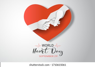 World Heart Day concept, mother holding hand of her child with red heart background, paper art and craft style, flat-style vector illustration.