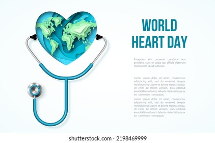 Concepto del Día Mundial del Corazón. Cartel 3d de corte de papel, mapa y estetoscopio, lugar de texto. Ilustración vectorial. Plantilla médica de antecedentes de salud, equipo médico aislado en blanco