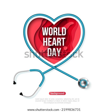 World Heart Day concept. Paper cut red heart and stethoscope 3d poster, place for text. Vector illustration. Health background medical template, doctor equipment isolated on white