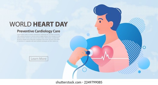 Concepto del Día Mundial del Corazón. Paciente recibiendo ilustración de revisión cardíaca con fondo azul. Pancarta de atención de cardiología preventiva.