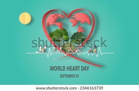 World Heart Day concept, a lot of people at the background involved in activity, paper art and craft style, flat-style vector illustration.