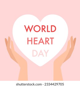 World heart day concept, poster, template. Hands holding a white heart on pink background