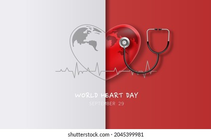 World Heart Day concept, a read heart world with a stethoscope on white and red background.