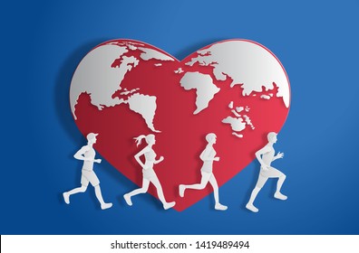 World Heart Day concept, red heart shape world with people running, paper art and craft style, flat-style vector illustration.