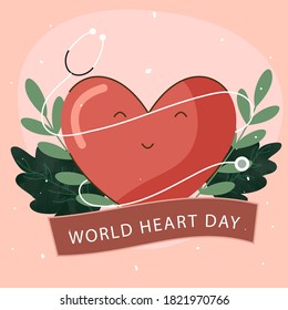 World Heart Day Concept with Smiley Heart, Stethoscope and Green Leaves on Pastel Pink Background.