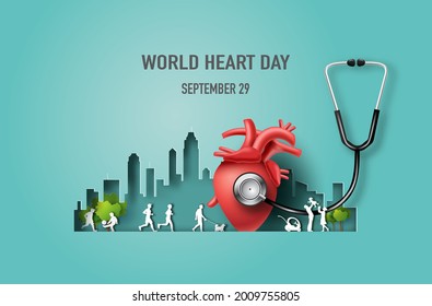 World Heart Day concept, heart with a stethoscope and many people in the city, paper illustration, and 3d paper.