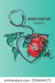 World Heart Day concept, heart with stethoscope and heartbeat line on white background.