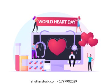 World Heart Day Concept, Tiny Male and Female Characters at Huge Monitor with Heartbeat Pulse, Stethoscope and Medicine Bottles. Cardiology Disease Prevention Cartoon People Vector Illustration