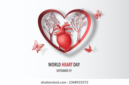 World Heart Day concept, trees , butterflies and human heart, paper illustration, and 3d paper