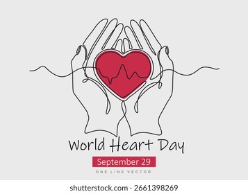 World heart day. Continuous one line drawing of hands holds heart with pulse. Hand drawn one line vector. Editable stroke