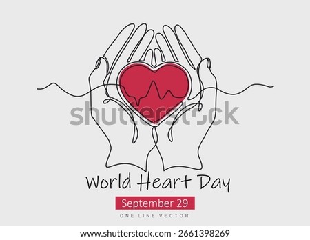 World heart day. Continuous one line drawing of hands holds heart with pulse. Hand drawn one line vector. Editable stroke