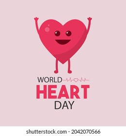 World Heart Day. Cute heart character standing while raising his hands up while smiling happily. Healthy heart symbol. Flat design vector illustration.