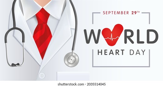 World Heart Day, doctor, stethoscope and red tie. Vector illustration concept for Heart Day banner or poster with heart shape and cardio pulse trace on background